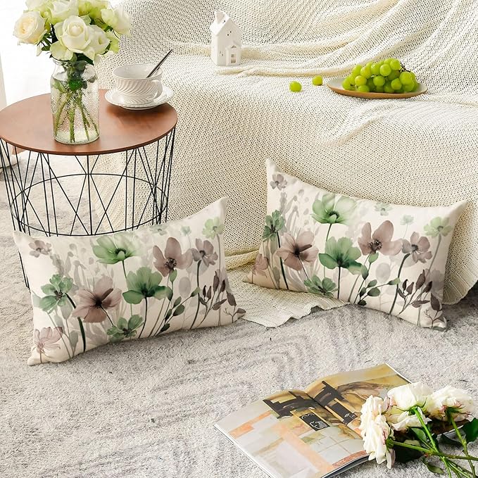 AVOIN colorlife Poppy Flowers Chinoiserie Throw Pillow Covers, 12 x 20 Inch Sage Green Brown Seasonal Leaves Cushion Case Decoration for Sofa Couch Set of 2