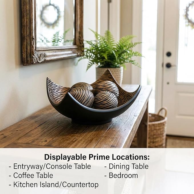 Seraphic 5pc Large Decorative Scoop Bowl Set with Stylish Orbs/Balls – Elegant Centerpiece for Dining/Kitchen Table, Living Room, or Office Decor, 14" diagonal. 11" wide and 5.75" tall, Brown