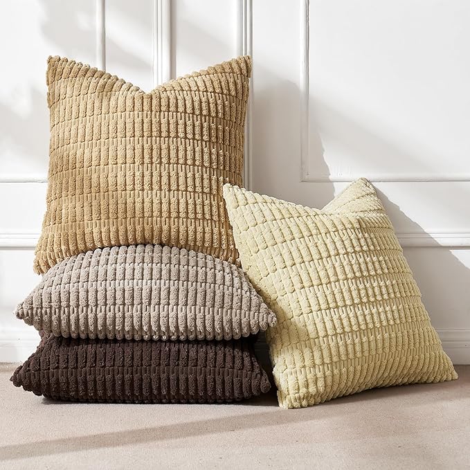 MIULEE Pack of 4 Boho Farmhouse Chocolate Corduroy Decorative Throw Pillow Covers 18x18 Inch Modern Retro Soft Striped Pillow Covers Home Decor for Sofa Living Room Couch Bed