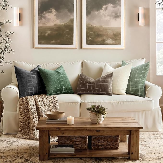 MIULEE Decorative Chenille Check Throw Pillow Covers Vintage Plaid Couch Pillows 18x18 Inch Set of 2 Neutral Boho Farmhouse Cushion Covers Modern Spring Home Decor for Sofa Bed Living Room Sage