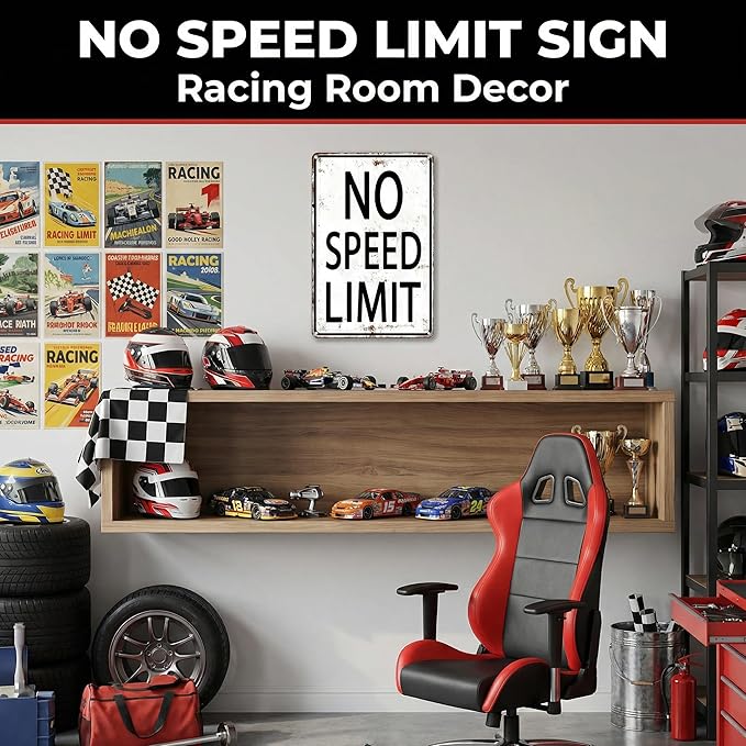 Boys Gifts Retro Tin Sign No Speed Limit Sign for Boys Room Man Cave Garage Bedroom Vintage Style Wall Art Decor 8 x 12 Inch (3096)