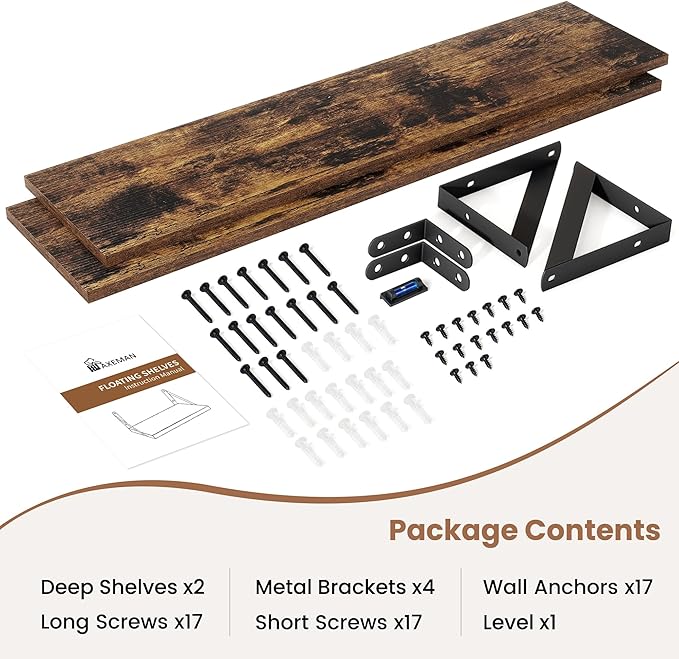 Axeman 55 Inch Floating Shelves | 8 Inch Deep Brown Wall Shelves Set of 2 | 55" W x 8" D Rustic Brown Wood Shelves for Bathroom Kitchen Living Room