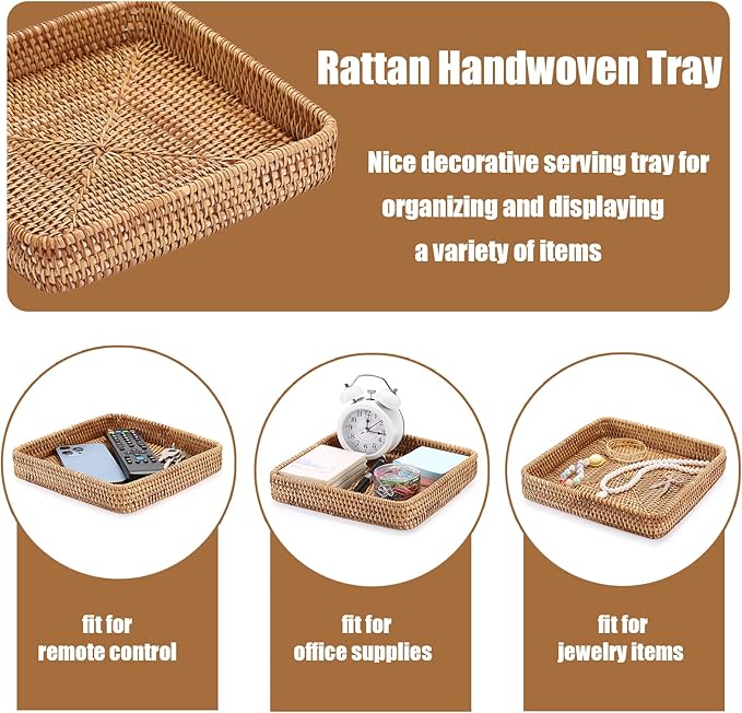 BTSKY Small Remote Basket for Coffee Table Entryway Living Room Rattan Serving Tray 8.1” x 8.1” Handwoven Wicker Baskets Decorative Tray for Wallet Remote Control Trinkets Rings Cosmetics Crackers