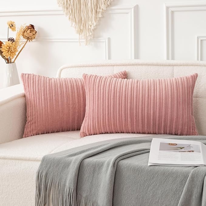 UGASA 14x24 Inch Pillow Cover Pack of 1 Valentine's Day Soft Boho Stripe Corduroy Long Rectangular Lumbar Cushion Cover Decorative Throw Pillows for Bed, Couch, Sofa, Bedroom, Living Room, Baby Pink