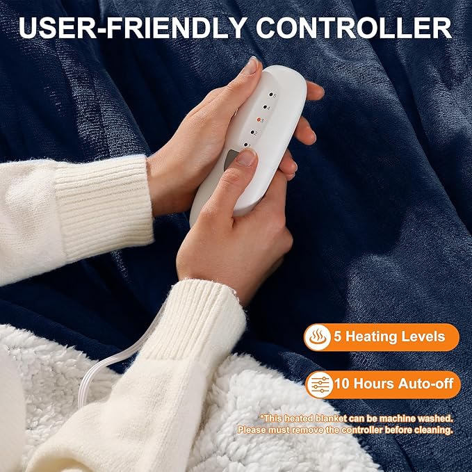 Electric Blanket 62X84in Heated Blanket Twin Size - Fleece Heating Blanket Washable with 5 Heating Level & 10 Hour Auto Off for Office, Chair Heated Blanket for Winter, Great Gift Ideas(Navy Blue)