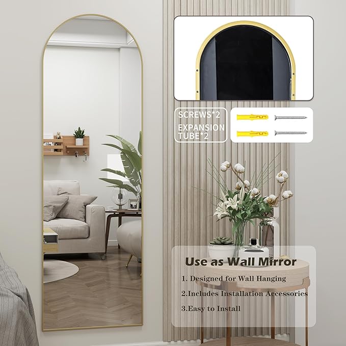 Door Mirror, Arched Full Length Mirrors Over The Door, 16"x 50" Hanging or Wall Mirror, Full Body Mirrors,Gold