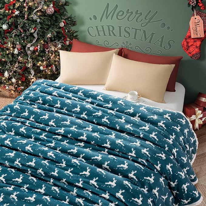 LBRO2M Sherpa Fleece Bed Blanket Queen Size,Christmas Super Soft Fuzzy Plush Warm Cozy Fluffy Microfiber Couch Throw Velvet Double Reversible Luxurious Blankets Green White Deer