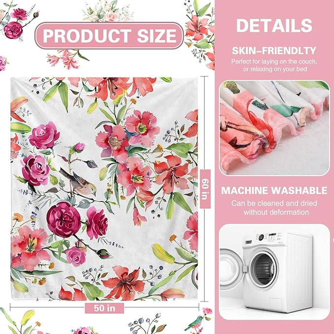 yuboo Spring Floral Throw Blanket, Pink Watercolor Flower Gifts for Women, Mom, Elders and Girls, Floral Blanket, Soft and Cozy Blanket for Spring Decor 50 x 60In