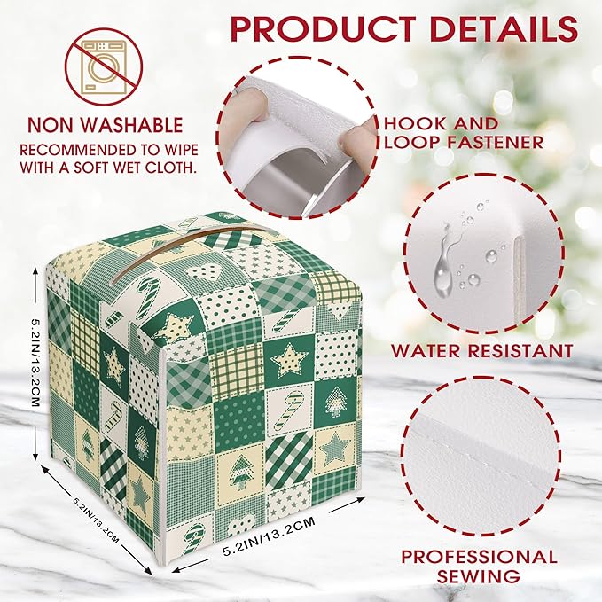 Christmas Patchwork Print Design Tissue Box Cover Holder, Green Waterproof Tissue Box Cover Square, Xmas Gift Ideas for Family Friends, Bathroom Kitchen Car Office Home Decor(5.2 Inches)-B20