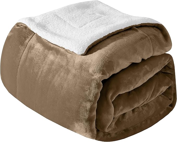 Mocassi Premium Ultra-Soft Velvet Touch Flannel Fleece Sherpa Throw - Warm Cozy Reversible Plush Micromink Throw Blanket for Couch, Bed and Sofa - Fluffy, Christmas Winter Bedding Gift, Taupe