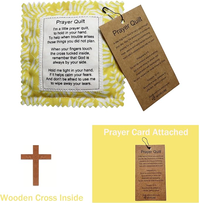 Mini Prayer Quilt with Cross Inside Vintage Pocket Scripture Prayer Quilt Squares Sympathy Christian Gifts for Women Pastor Appreciation Father's Day Graduates Gifts (Yellow)