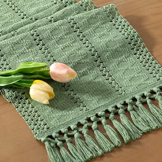 Socomi Sage Green Boho Table Runner Macrame Easter Spring Farmhouse Woven Cotton Linen Rustic Coffee Table Runner with Tassels for Small Dresser Scarf Home Decor Dining Room 12x72 inch