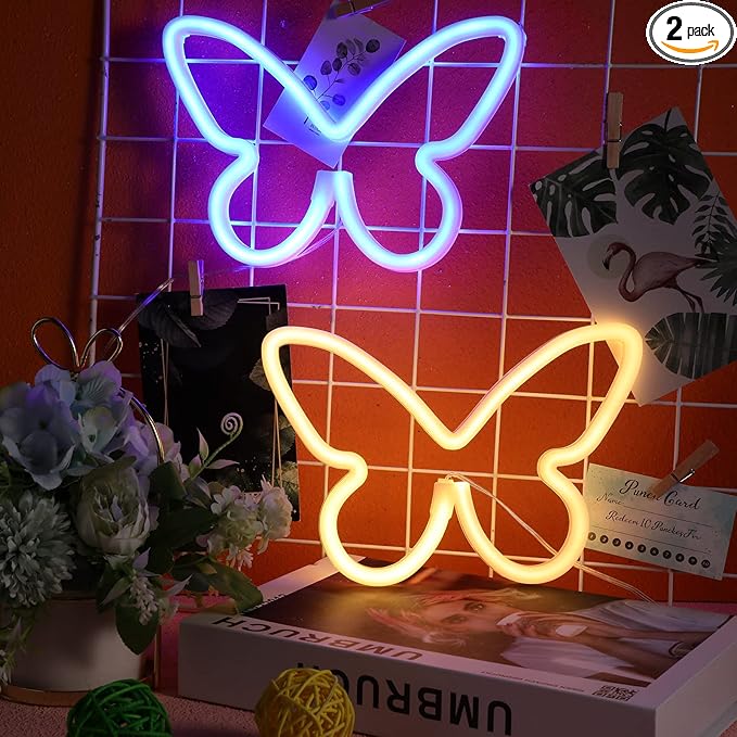 Riakrum 2 Pcs Butterfly Neon Signs LED Light 3AA Battery Powered USB Operated Wall Neon Light Decor Butterfly Wall Art for Christmas Home Bedroom Birthday Party Decor(Blue, Warm White)