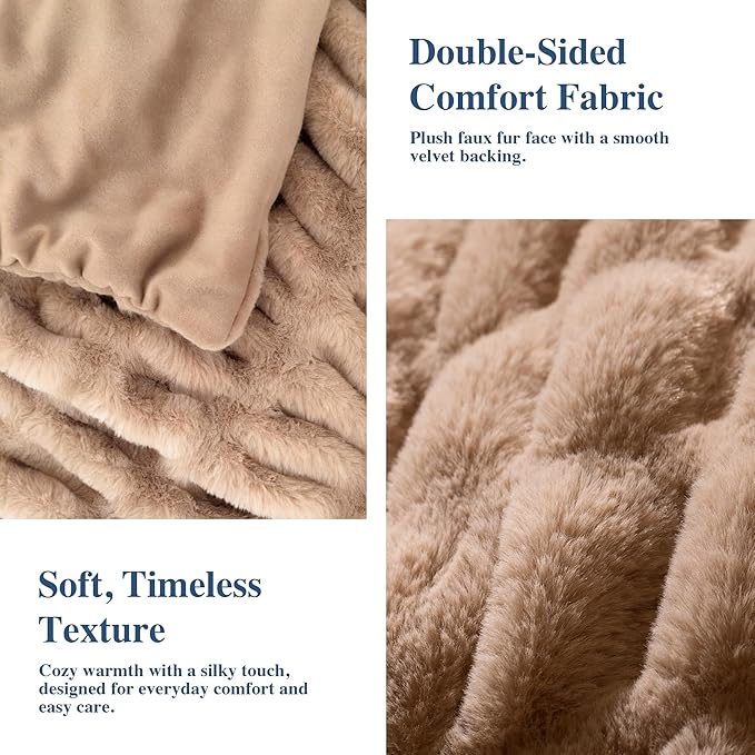 Faux Fur Blanket, Twin Size Oversized Throw Blanket for Couch, Fluffy Blanket with Stretch Ruched Design, Ultra Soft Giftable Home Decor, 60x80 inches, Light Brown