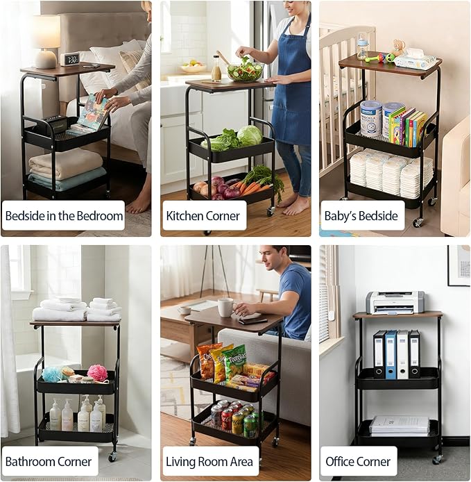 3-Tier Metal Rolling Cart with Walnut-Textured Table Top,Utility Cart with Wheels for Bedside, Living Room, Kitchen,Office & Bathroom Storage