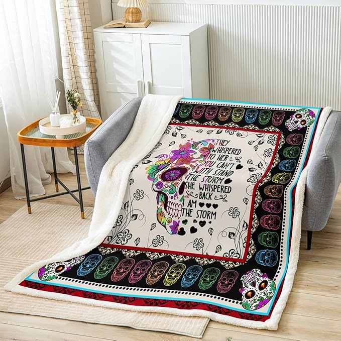 Flowers Skull Plush Blanket Throw, Soft Bohemian Fleece Bed Blankets,Floral Skeleton Sherpa Blankets,with Inspirational Quote Pastoral Fuzzy Blanket, 30"X40" Sofa Decor for Boys Girls Sugar Skull