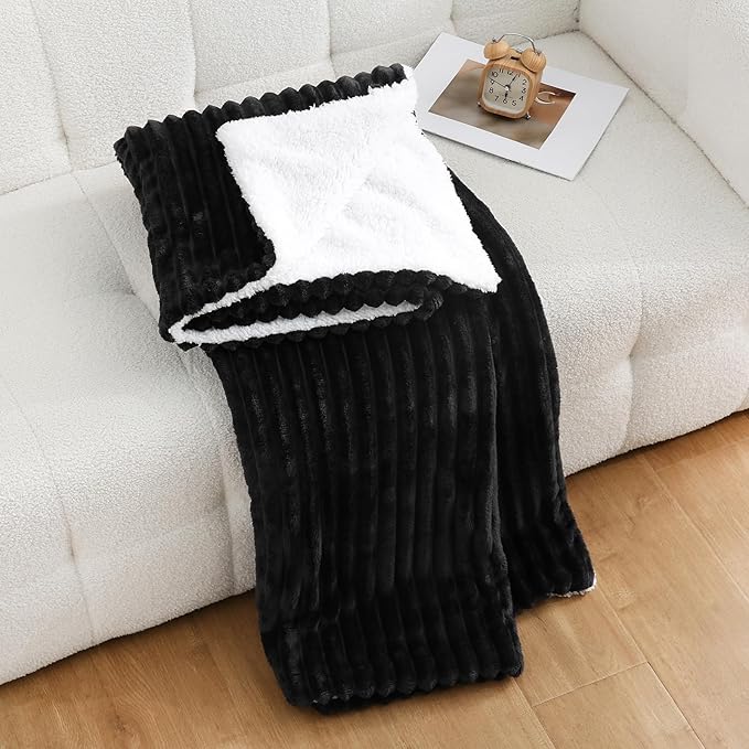 Black Sherpa Fleece Throw Blanket 60”×80” for Couch Sofa Bed,Double Side Soft Fuzzy Cozy Plush Thick Flannel Blanket with Striped Design,Gift for Adults,Woman,Girls