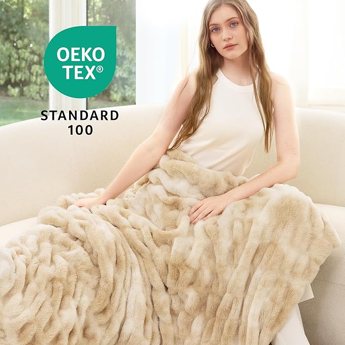 Ultra Soft Faux Rabbit Fur Throw Blanket, Cozy Fuzzy Blanket for Couch Bed, Plush Warm Decor Gifts, Luxury Thick Fluffy Blanket for Women & Men,50x60 inches, Tie-Dyed in Khaki
