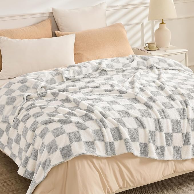 EMME Checkered Blanket Queen Size - 80"x90" Grey Knit Blanket Soft Fluffy Patterned Throw Blankets for Couch, Sofa, Chair, Bed, Camping, Picnic, Travel