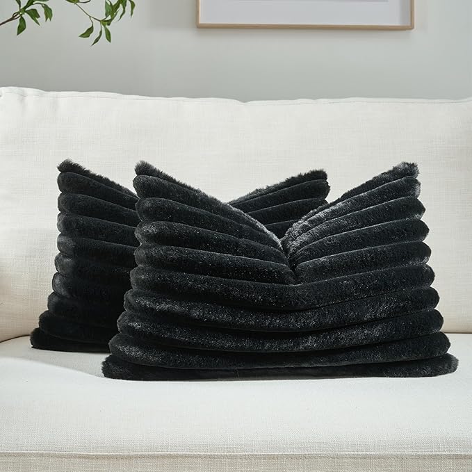 FUTEI Black Decorative Throw Pillow Covers Set of 2, 12x20 Inch Soft Fluffy Faux Fur Plush Striped Lumbar Pillowcases, Modern Home Decor for Couch Bed Living Room