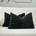 FUTEI Black Decorative Throw Pillow Covers Set of 2, 12x20 Inch Soft Fluffy Faux Fur Plush Striped Lumbar Pillowcases, Modern Home Decor for Couch Bed Living Room