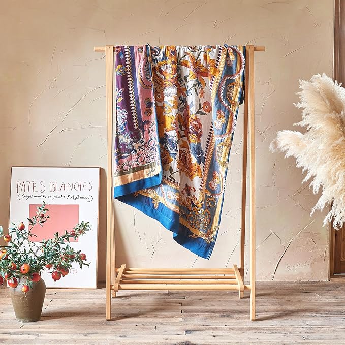 Boho Throw Blanket - 50"x60" 100% Cotton Ultra Soft Lightweight Spring Blanket, 4-Layer Breathable Muslin Blankets for Bed Couch, Reversible Yellow Floral Printed Bohemian Cotton Quilt
