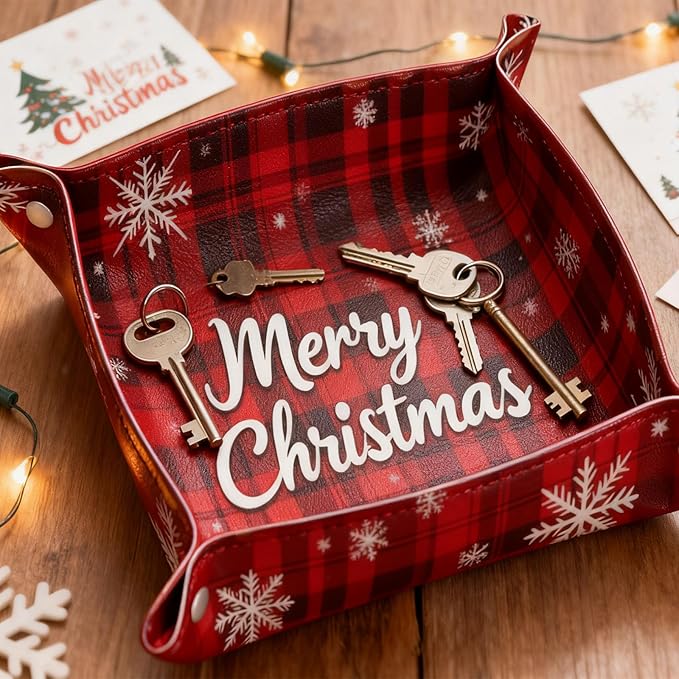 Leather Valet Tray for Women Men Snowflakes Plaid Catchall Trays Leather Storage Organizer Bedside Vanity Trays Nightstand Tray Holder for Keys, Watch, Jewelry, Wallet