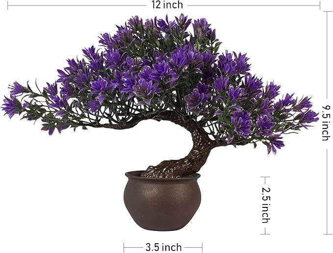Artificial Bonsai Tree Fake Plants for Home Decor, Living Room Bathroom Bookshelf Entryway Table Wall Shelf Modern Farmhouse Decor, 9.5" Tall, Purple