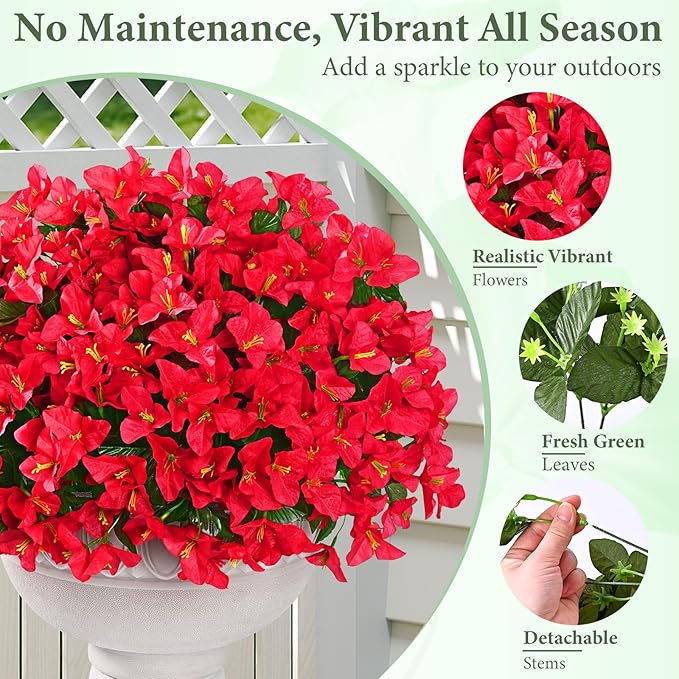 Yastouay 8 Bundles Artificial Flowers for Outdoors, Realistic Bougainvillea Fake Flowers for Outside, UV Resistant Silk Outdoor Faux Plants for Porch Patio Planter Front Door Garden Decor(Red)