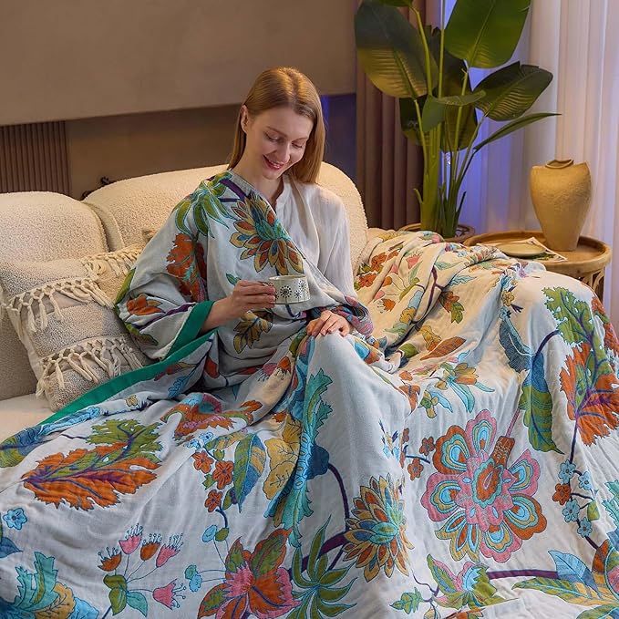 Summer Throw Blanket, 90"x98" Reversible Bohemian Flower Blanket, 100% Cotton Muslin Breathable Woven, Farmhouse Decorative Throw Blanket