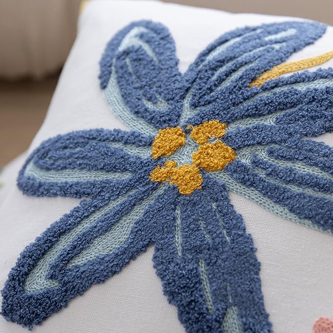 YIcabinet Pillow Covers Set of 2, Embroidered Blue Flower Pattern Throw Pillow Cover,Square Cotton Cushion,Pillow Case for Sofa Bedroom Couch,18"x18"