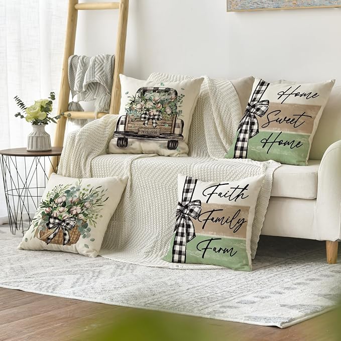 AVOIN colorlife Home Sweet Home Farmhouse Eucalyptus Leaves Throw Pillow Covers, 18 x 18 Inch Truck Stripes Buffalo Plaid Cushion Case Decorations Set of 4