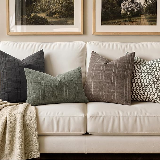 MIULEE Decorative Linen Check Throw Pillow Covers Neutral Farmhouse Vintage Pillow Covers 20x20 Set of 2 Boho Modern Winter Home Decor for Sofa Couch Bedroom Cushion Brown