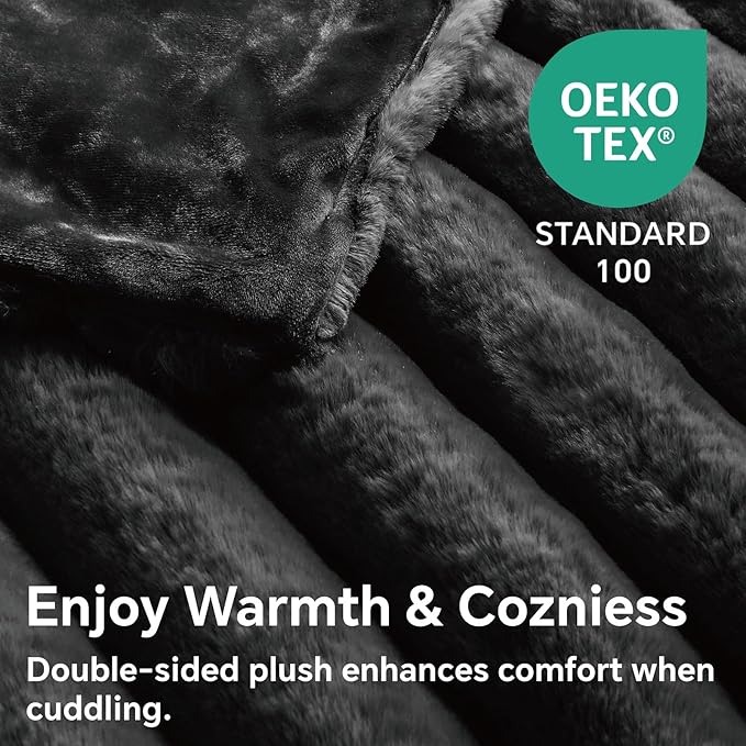 BEDELITE Faux Fur Throw Blanket for Couch, Soft and Cozy Luxurious 3D Striped Fluffy Blanket, 770GSM Thick Warm Plush Fuzzy Faux Rabbit Fur Blanket for Women Gift (Black, 60"x 80")