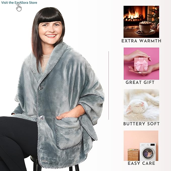 Premium Double Layer Poncho Blanket -No Sleeves Easy On Easy Off- Drape and Go- Top Christmas Gifts for Grandma, Gift for Mom and Elderly Women (Silver Grey)