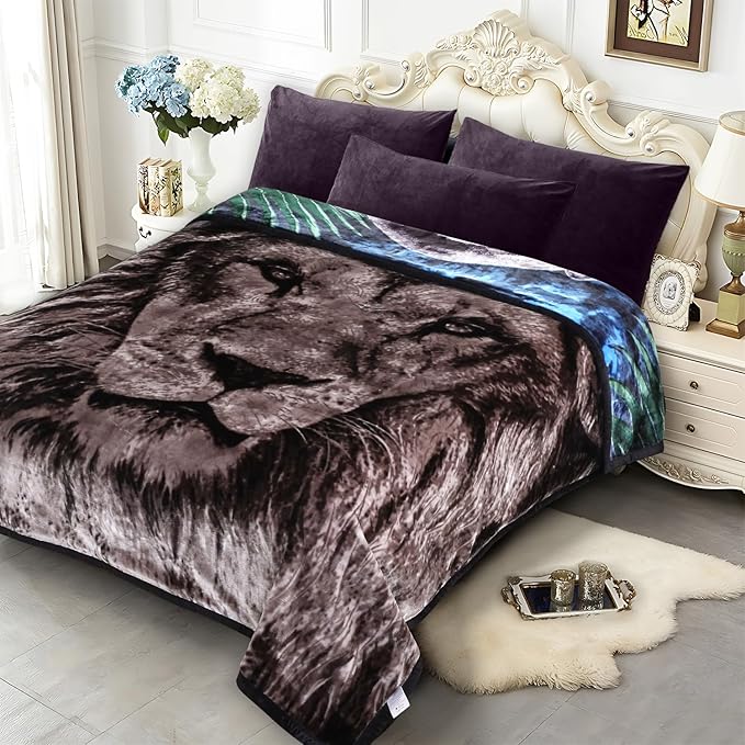 JYK Soft Fleece Bed Blanket Queen Size 5 LB, Korean Style 2 Ply Reversible Fluffy Flannel Blanket Microfiber, Warm Cozy Blanket for Autumn, Winter 75x87 Inches - Black Panther/Lion