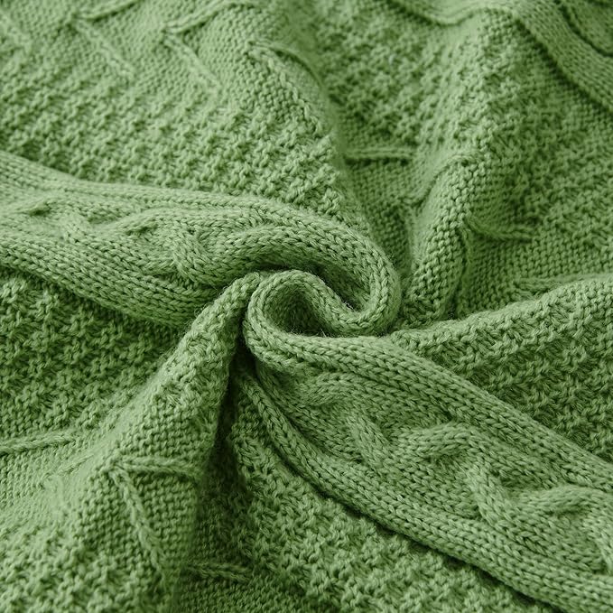Longhui bedding Sage Green Acrylic Cable Knit Sherpa Throw Blanket - Thick, Soft, Big, Cozy Knitted Fleece Blankets for Couch, Sofa, Bed - Large 60 x 80 Inches Coverlet All Season
