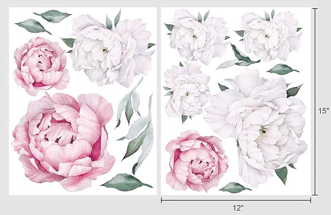 Peony Watercolor Wall Decals (Pink and White Watercolor) - Spring Decor Flowers Decals for Wall - Botanical Bedroom Sticker Girls - Floral Peonies Pink Botanical Stickers Bedroom Nursery w/test Sample
