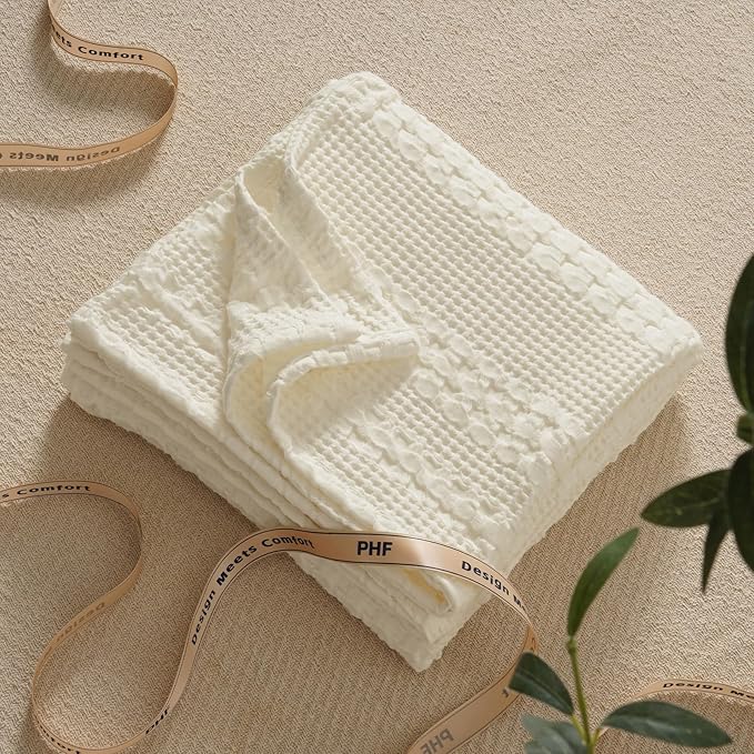 PHF 100% Cotton Waffle Weave Throw Blanket, Soft Lightweight Breathable Cozy Throws for Couch Bed Sofa, Luxury Aesthetic Blanket Gift for Home Decor & Office, 50"x60", Cannoli Cream