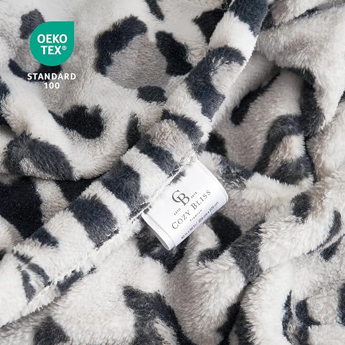 Cozy Bliss Leopard Print Fuzzy Throw Blanket for Bed & Couch, Thick Soft Warm Fleece Blankets for Room Decor, for Girls Kids Women Men, Snow Leopard, Grey 90"*90"