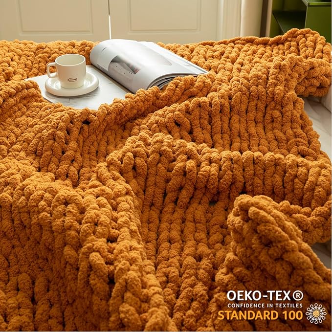 WESHIONGOO Chunky Knit Blanket Throw 51"×63" Knitted Throw Blankets for Couch Bed Fall Throw Blanket Fluffy Soft Blanket with Jumbo Chenille Yarn Thick 100% Handmade (Burnt Orange)