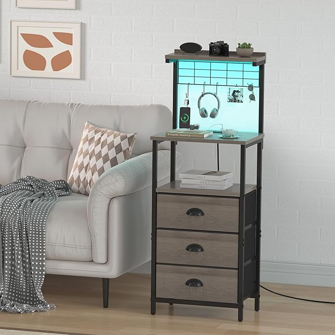 Bedside Tall Nightstands with Charging Station, LED Bedside Table for Bedroom - 3 PU Fabric Drawers, Hooks, USB/Type-C Ports & Open Bedside Storage Shelves, Grey