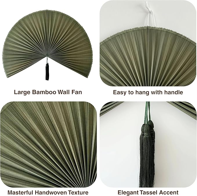 Chicvillage Bamboo Wall Fan Decor - 47” Handmade Woven Bamboo Wall Hanging Fan, Large Japanese Fan Wall Decor for Above Bed, Boho Natural Asian Wall Art, Lightweight & Easy to Hang, Green