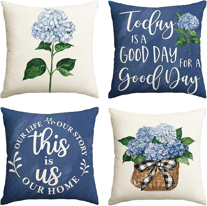 AVOIN colorlife Blue Hydrangea Spring Summer Throw Pillow Covers, 16 x 16 Inch Today is A Good Day Dark Blue Cushion Case Decoration for Sofa Couch Set of 4