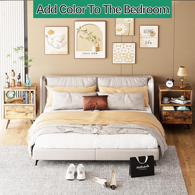 Night Stand, Brown Nightstand with Drawer, Side Table with Open Storage, 2-Tier Modern End Table, Bedside Table for Small Space, Living Room, Bedroom
