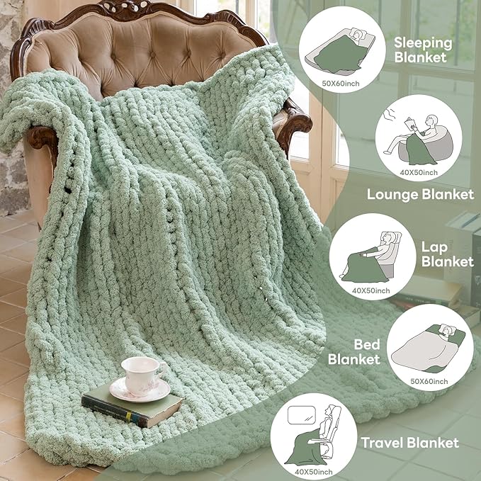 Chunky Knit Blanket - Luxury Soft Cozy 50 * 60 Throw Blanket,100% Woven Blanket Rope Knot Throw Blanket for Couch, Sofa, Home Decor, Gift - Machine Washable (Sage Green, 50 * 60)