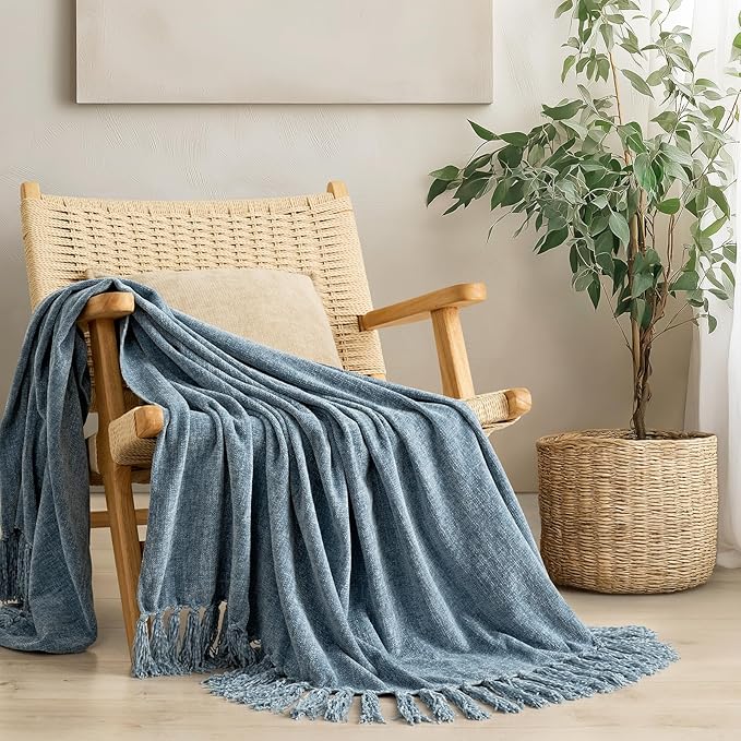 EverGrace Soft Chenille Throw Blanket for Couch, Cozy Plush Fuzzy Decorative Chenille Knit Throw Blanket with Tassels, Lightweight Blanket and Throws for Bed Sofa Gift Home Decor, Cloud Blue 60"x80"