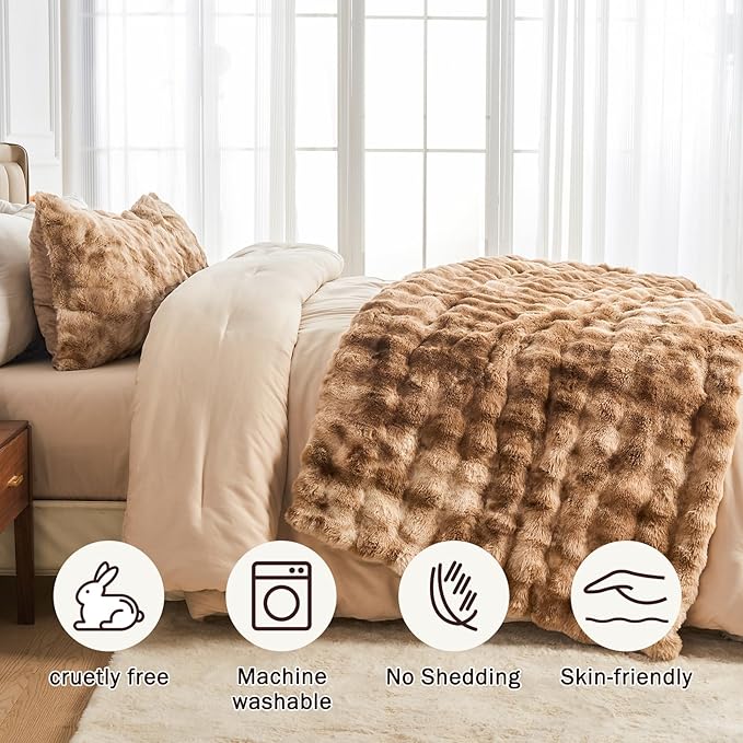 EMME Faux Fur Throw Blanket Tie Dye Brown - Big Bubble Rabbit Cozy Blanket for Couch, Small Fluffy Fuzzy Cozy Blanket, Thick Furry Plush Shaggy Blankets, 650GSM, 50x60 Inches