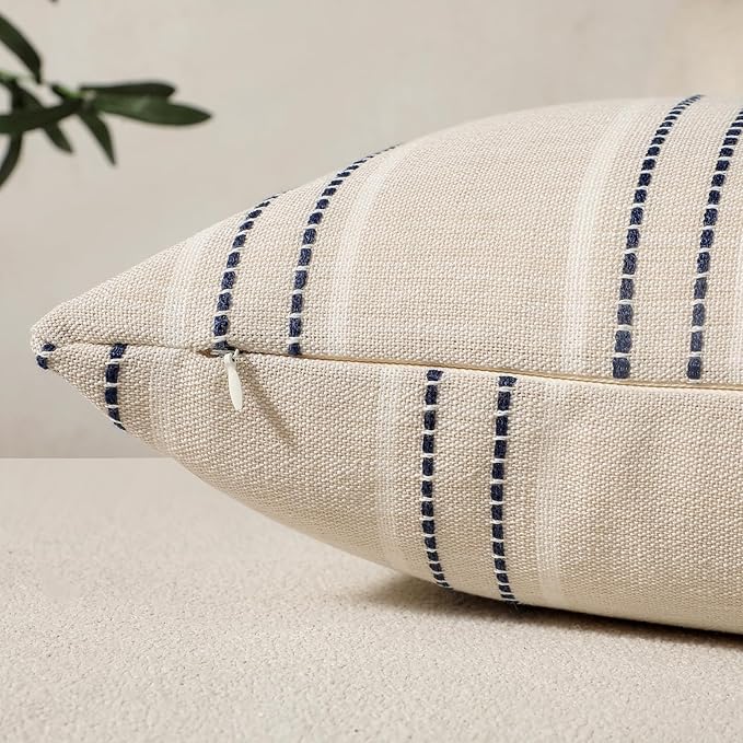 Hckot Throw Pillow Covers 16x16 Set of 2 Striped Pillow Covers Textured Linen Decorative Pillows Square Cushion Covers for Sofa Couch Bed Living Room Farmhouse Decor