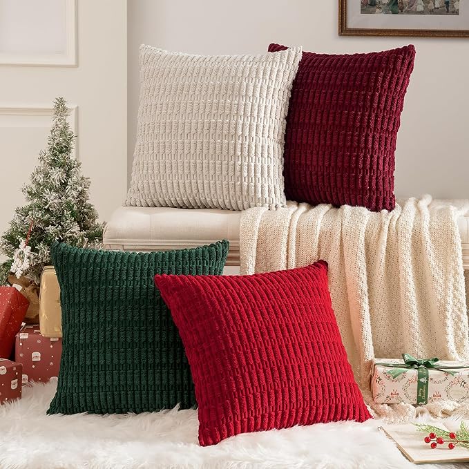MIULEE Pack of 4 Christmas Boho Farmhouse Red and Green Corduroy Decorative Throw Pillow Covers 20x20 Inch Retro Soft Striped Pillow Covers Home Decor for Sofa Living Room Couch Bed
